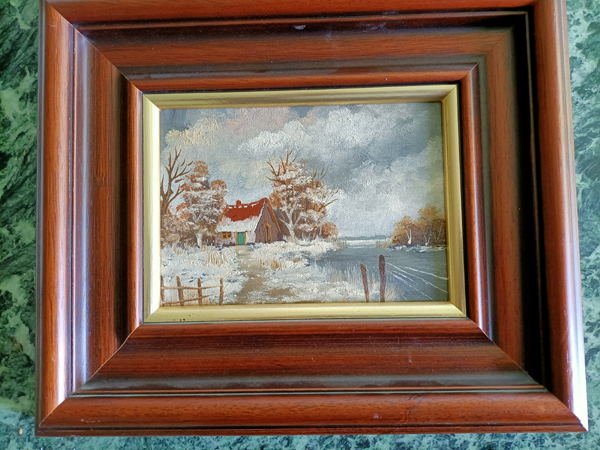 Ölbild 31 cm 26 cm Rahmen  LW  - Winter Bild 19 x 14 cm