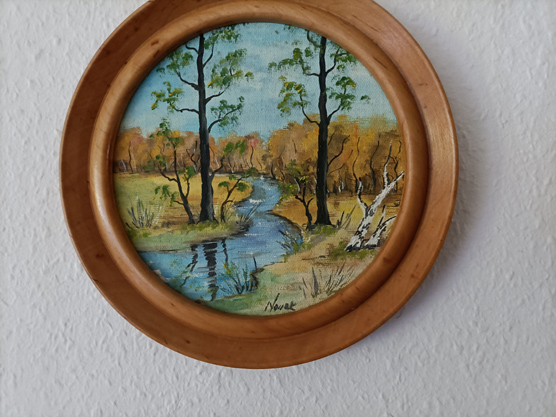 4 Jahreszeiten runde Ölbilder  21 cm Durchmesser - gesamt 4 Bilder, Frühling.Herbst,Winter, Sommer.
