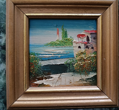 Kl . Ölbild Haus am Strand - Klippen 10 x 10 cm