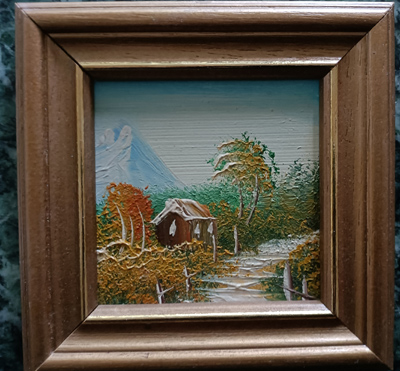 kl. Ölbild 10 x 10 cm  Hütte am Bach - Bergrücken