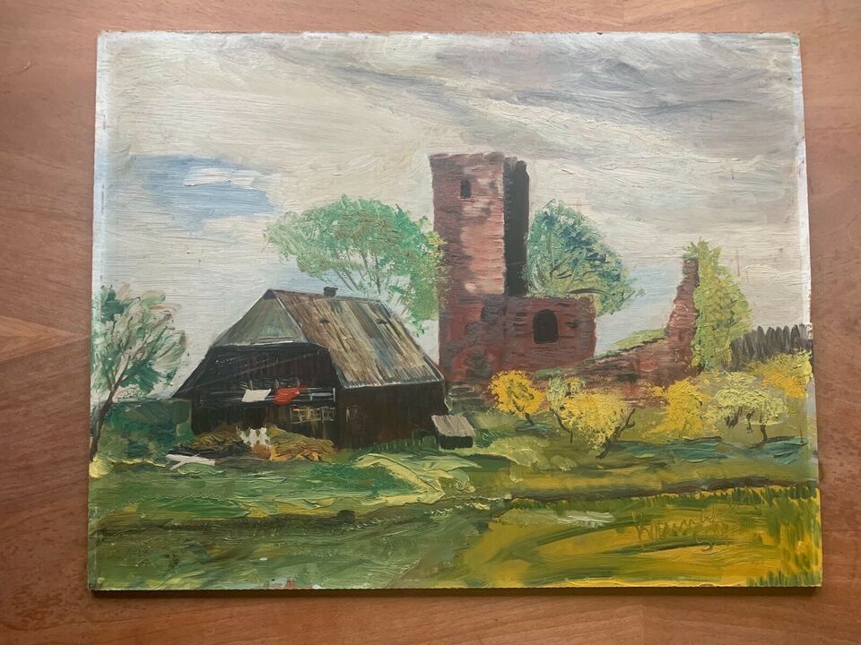 Ölbild Landschaft Turm Scheune 50 cm x 39 cm **