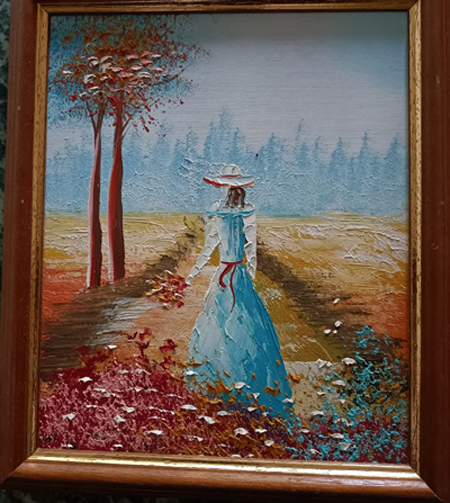 Kl. Ölbild Dame im Herbstwind 23  cm x 27 cm hoch