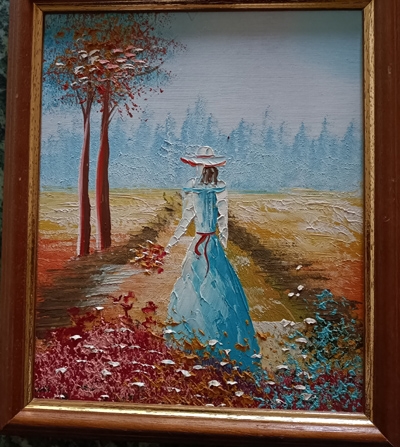 Antiquitäten - Ölbilder - Raritäten, Dame im Herbst 23 x 27 cm