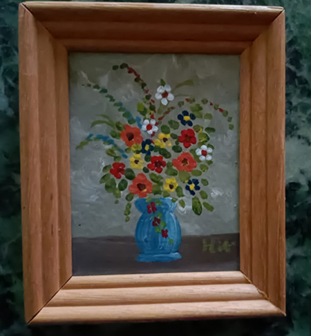 Mini Ölbild  mit Rahmen 5,5 cm x 9,5 cm Blumenstrauß