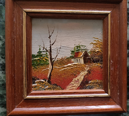 1 wunderbares Ölbild 11 cm x 11 cm - Rahmen,kl.Hütte rot