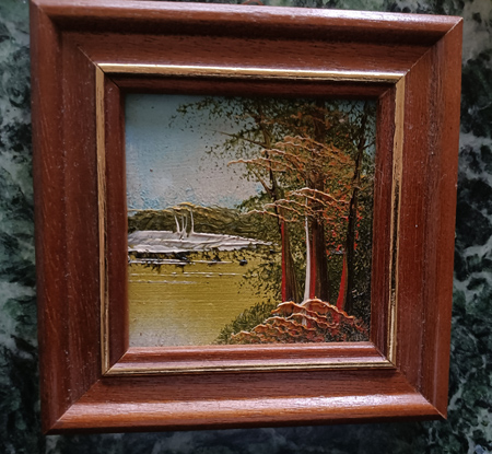 Wunderbares Ölbild 11 cm x 11 cm - Wald und See